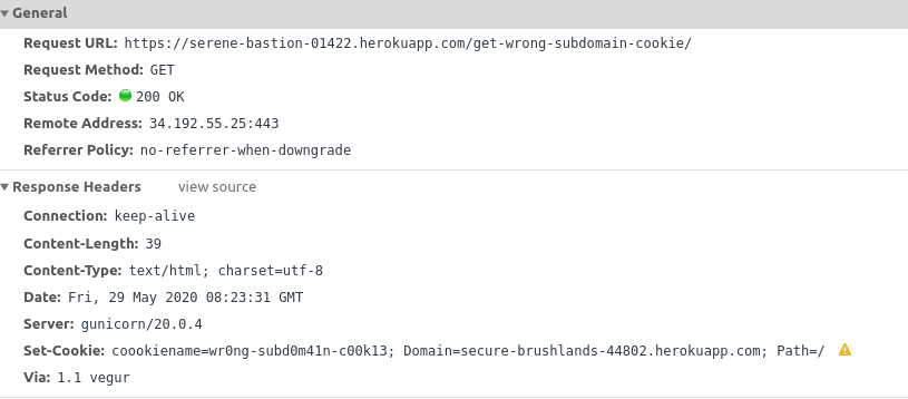 Browser blocks wrong domain in cookie