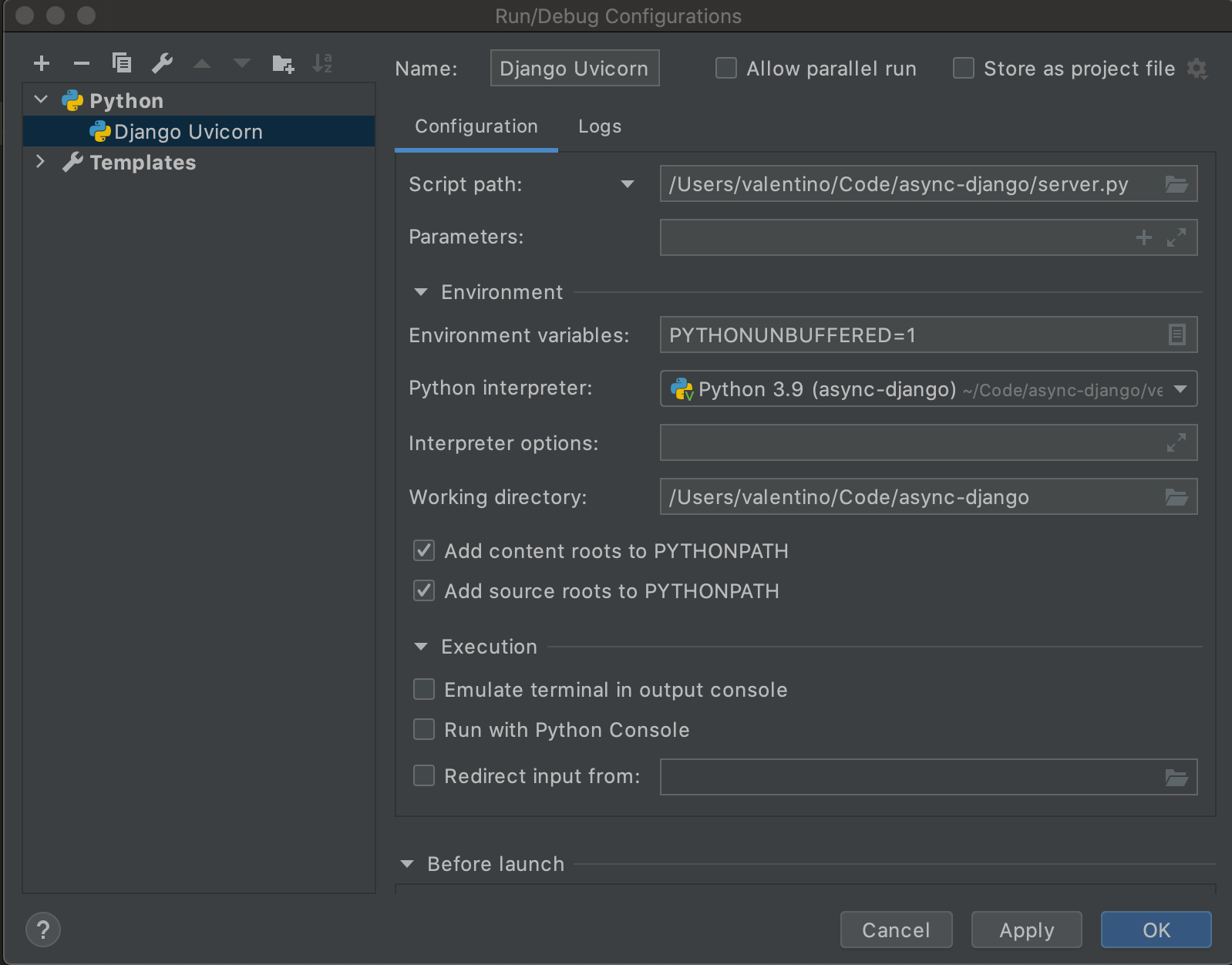 Debugging async Django under Uvicorn with Pycharm